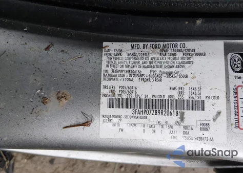 2009 Ford Fusion Se z USA, uszkodzony, nr VIN 3FAHP07Z89R206186